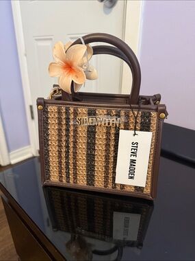Steve Madden Brown Woven Mini Tote with Floral Accent